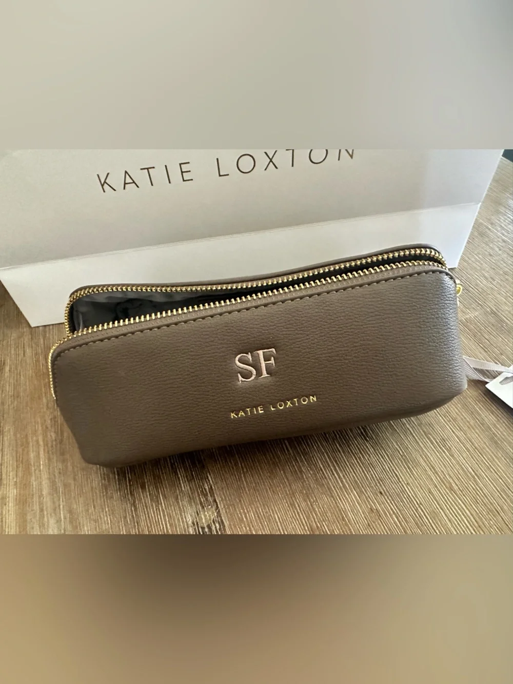 Katie Loxton Brown Monogram Cosmetic Pouch with Gold Zipper